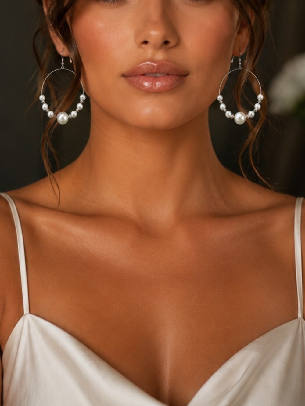 White Pearls with Silver Accents Large Hoop Earings Hand Crafted